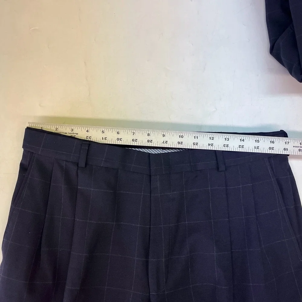 Lands' End Navy‎ Windowpane Check 2-Piece Suit Wool Pleated Pants SZ 42R  34W